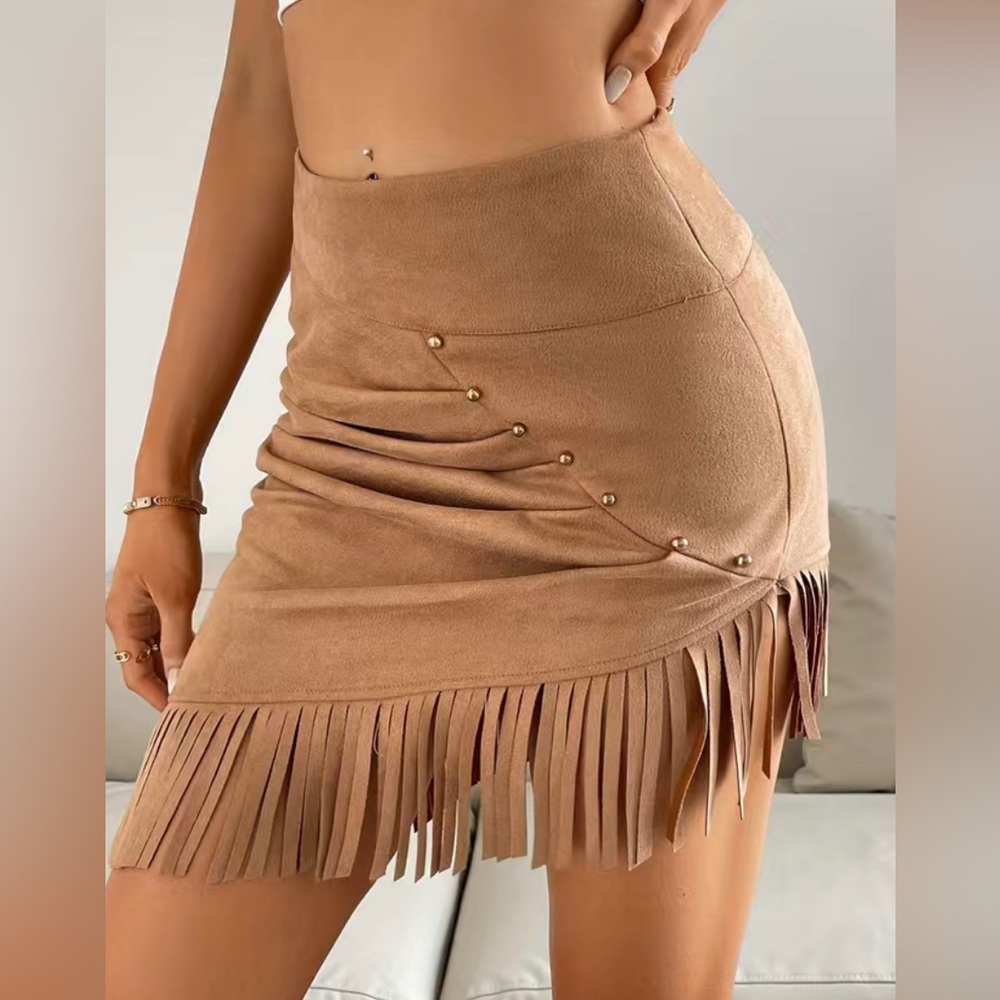 Tan asymmetrical body con skirt with fringe NWT